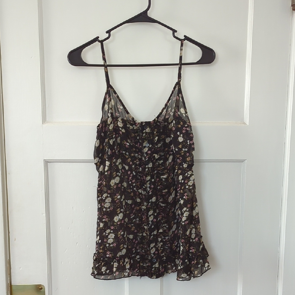 Express Black Floral Ruffle-Hem Spaghetti Strap Cami